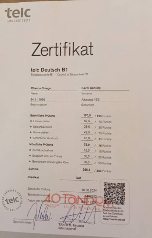Certificado Daniela Clases de alemán online